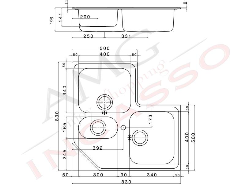 CM Lavello Cucina Angolare 2 Vasche con Gocciolatoio a DX in Acciaio Inox  83 x 83 cm - 011248.S1.01.2018