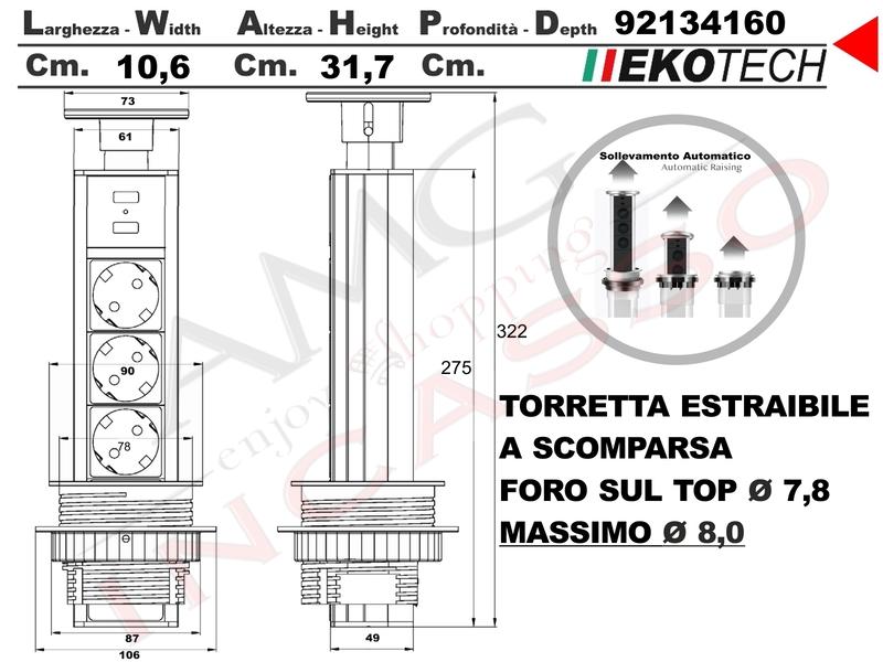 Torretta Multipresa Estraibile a Scomparsa Incasso con 3 Prese e 2 USB  Grigia