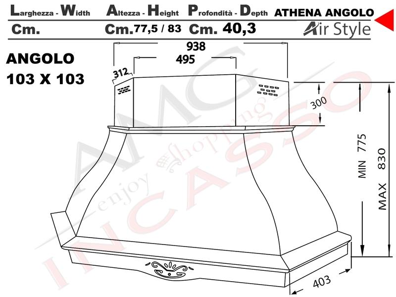 Cappa Angolo Athena 103X103 Legno Frassino o Tiglio Verniciata + MOTORE 420 m3/h