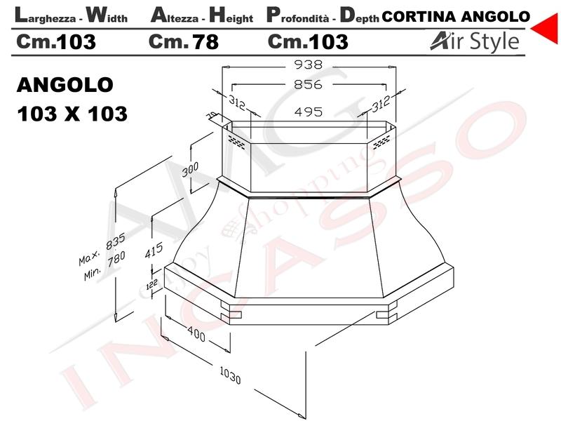 Cappa Angolo CORTINA K203 103X103 Con Trave Scolpita Frassino/Tiglio Grezza