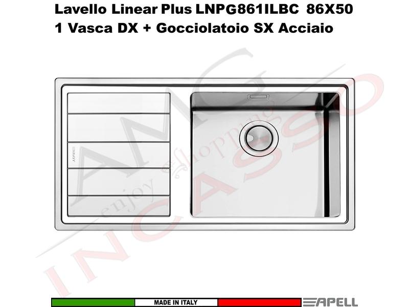 Lavello Apell Linear Plus Acciaio Spazzolato 86 X 50 1 Vasca Grande DX e Gocc.SX