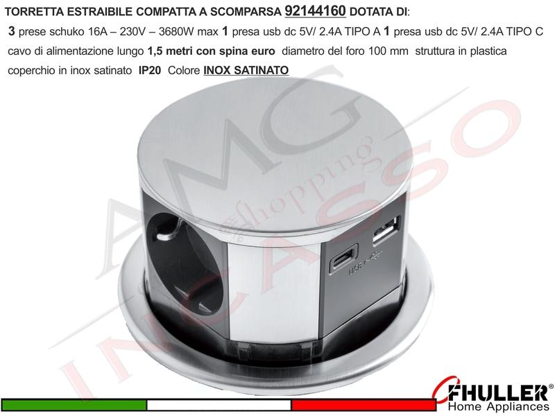 Torretta Multipresa Estraibile a Scomparsa 3 Prese 1 USB A + 1 USB TIPO C INOX