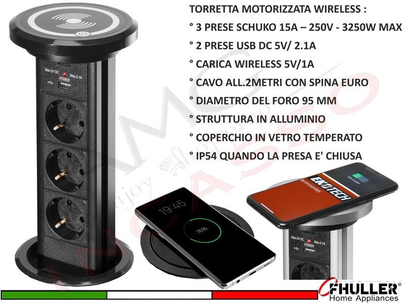 Torretta Multipresa Estraibile Motorizzata 3 Prese 2 USB Ricarica Wireless Nera