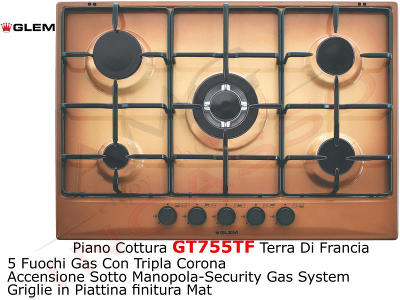 Piano Cottura 70 Glem Gas 5 Fuochi con 1 Tripla Corona Terra di Francia